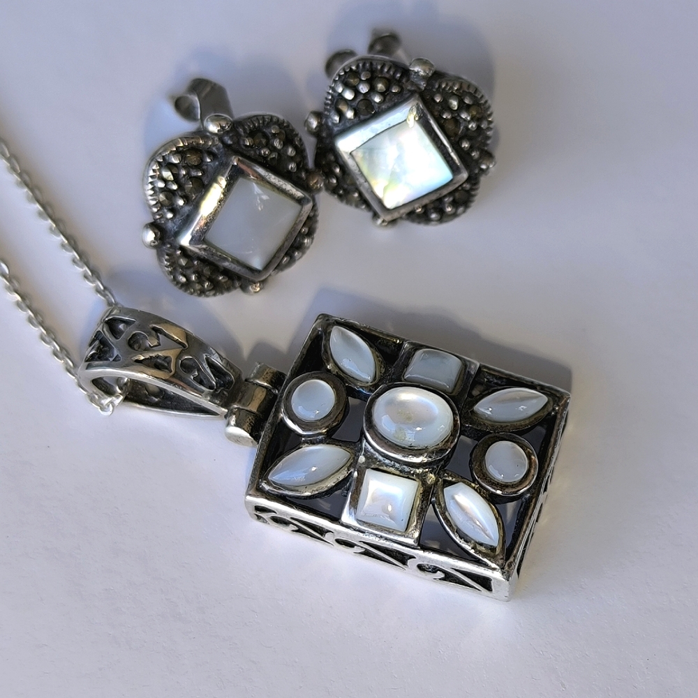 Mother Of Pearl Marcasites In Sterling Silver Stud Earrings, Moonstone Necklace